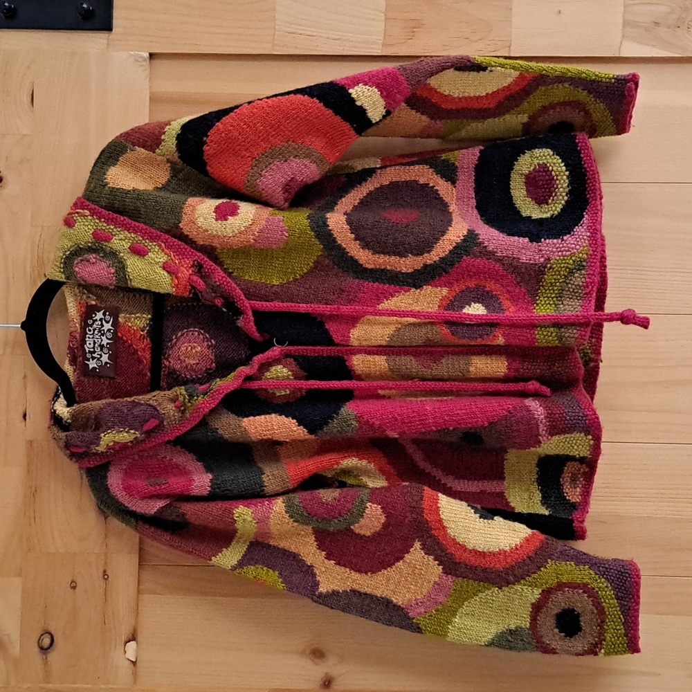 Womens Tara Handknits Hooded  Cardigan. Artistic/Boho.  Geometric shapes sweater